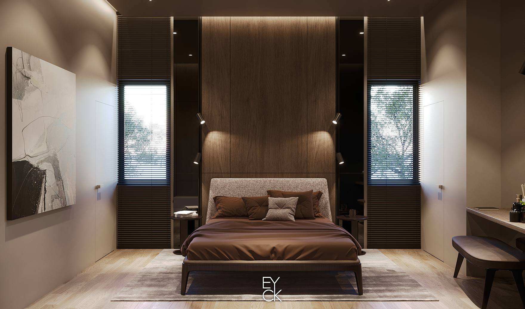 interior dormitor cu pat rosu vila s01